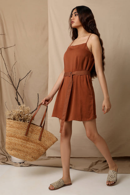 Brown Reversible Mini Dress Brown, Dresses, Natural, Regular Fit, Solids, Tencel Satin Kamakhyaa