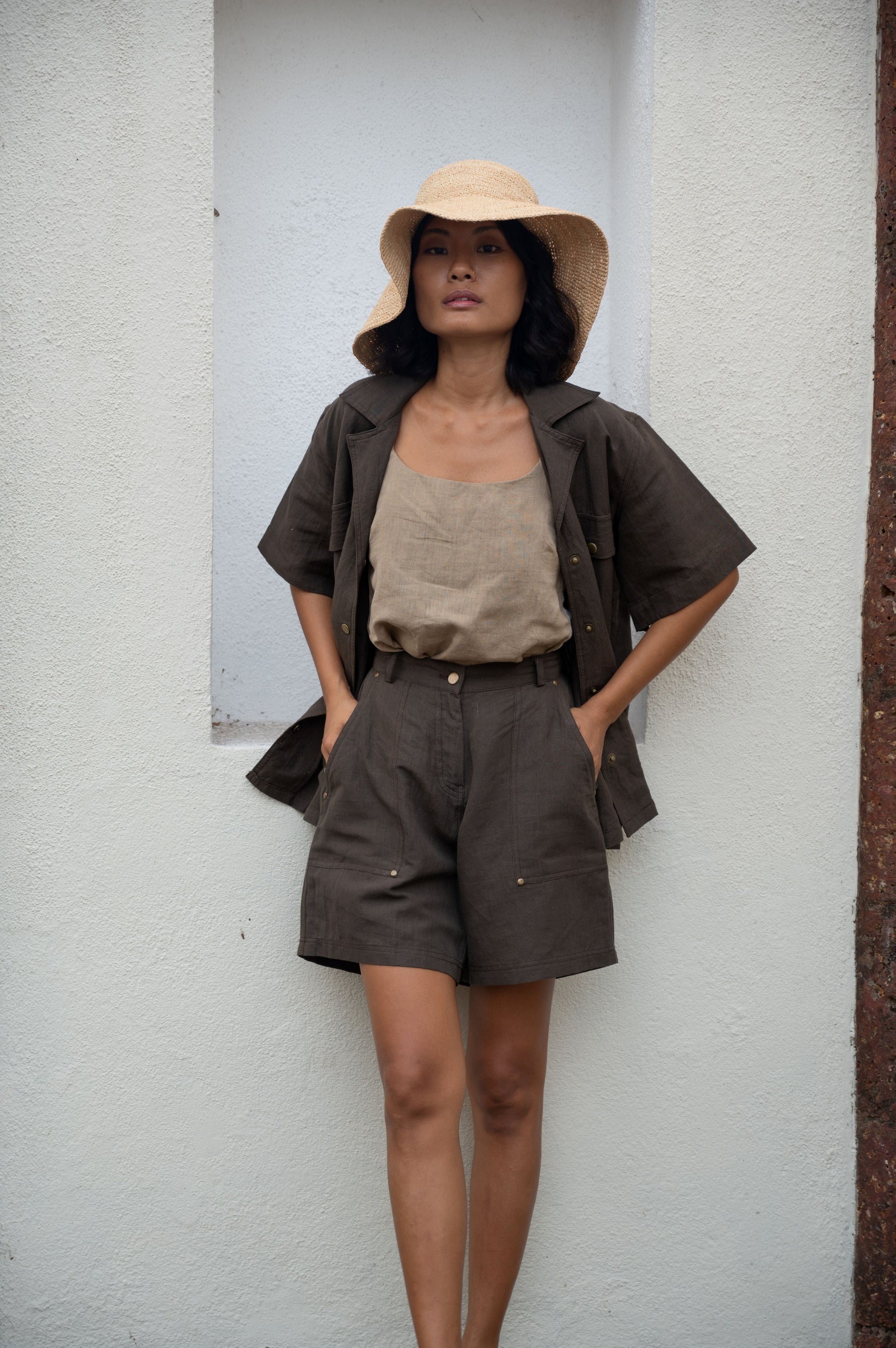 Brown Safari Shorts Bare, Brown, Cotton, Fitted At Waist, Hemp, Organic, Solids Kamakhyaa