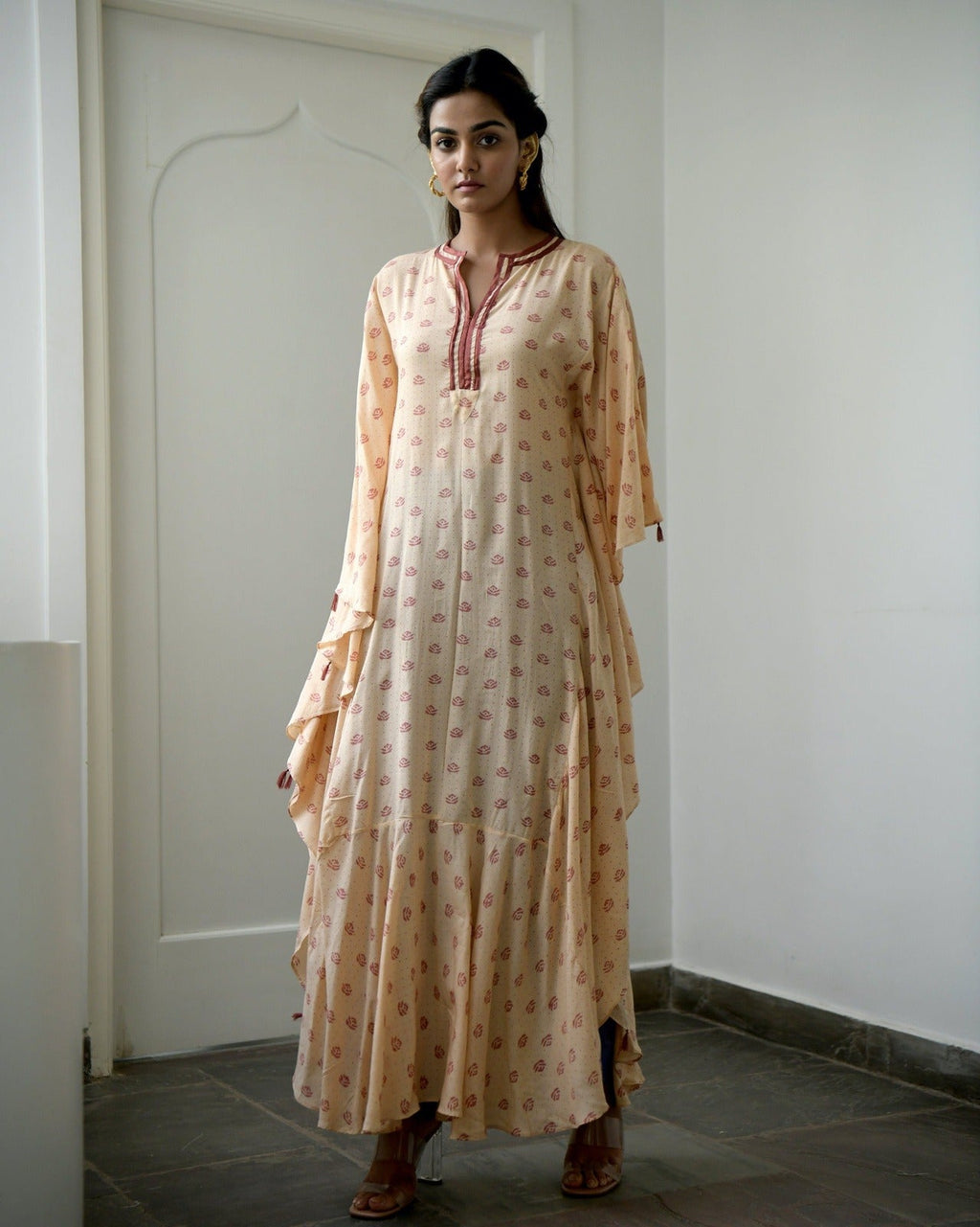 Brown Silk Printed Kaftan at Kamakhyaa by Taro. This item is Brown, Evening Wear, fall, Gulzar Taro, July Sale, July Sale 2023, Kaftans, Maxi Dresses, Modal SIlk, Natural, Prints, Regular Fit, Womenswear