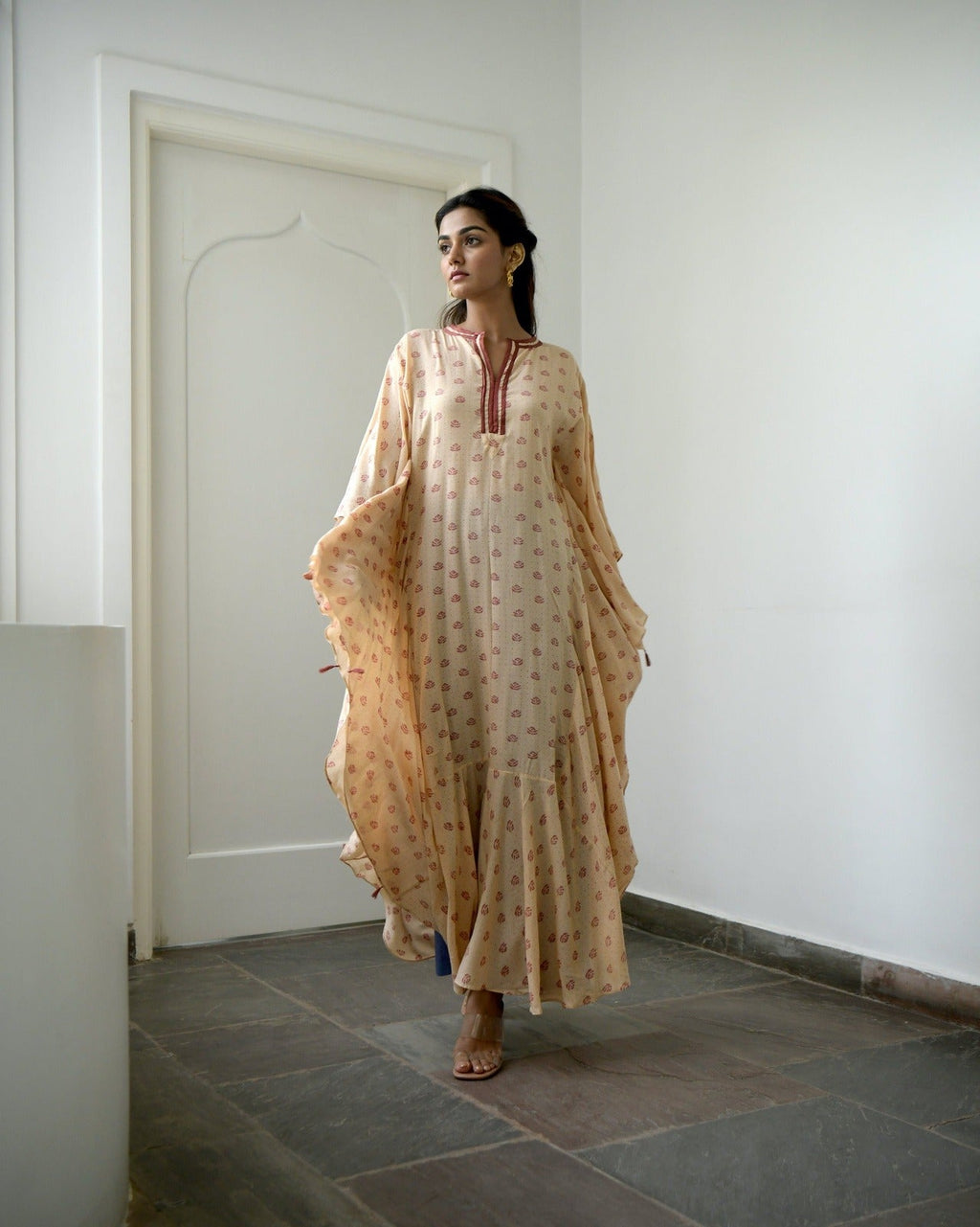 Brown Silk Printed Kaftan at Kamakhyaa by Taro. This item is Brown, Evening Wear, fall, Gulzar Taro, July Sale, July Sale 2023, Kaftans, Maxi Dresses, Modal SIlk, Natural, Prints, Regular Fit, Womenswear