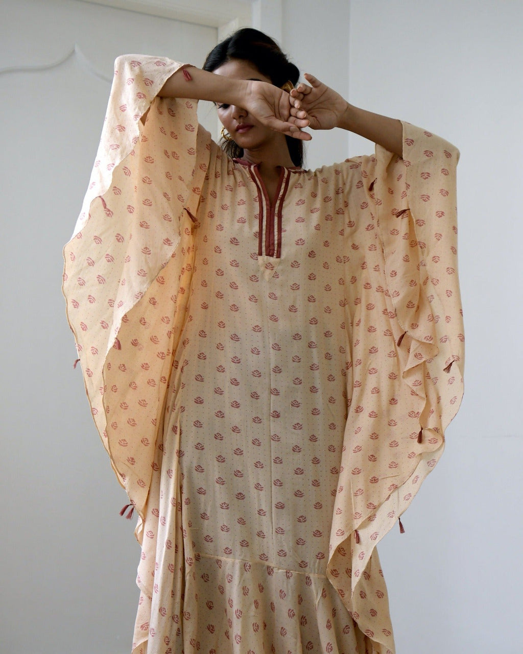 Brown Silk Printed Kaftan at Kamakhyaa by Taro. This item is Brown, Evening Wear, fall, Gulzar Taro, July Sale, July Sale 2023, Kaftans, Maxi Dresses, Modal SIlk, Natural, Prints, Regular Fit, Womenswear