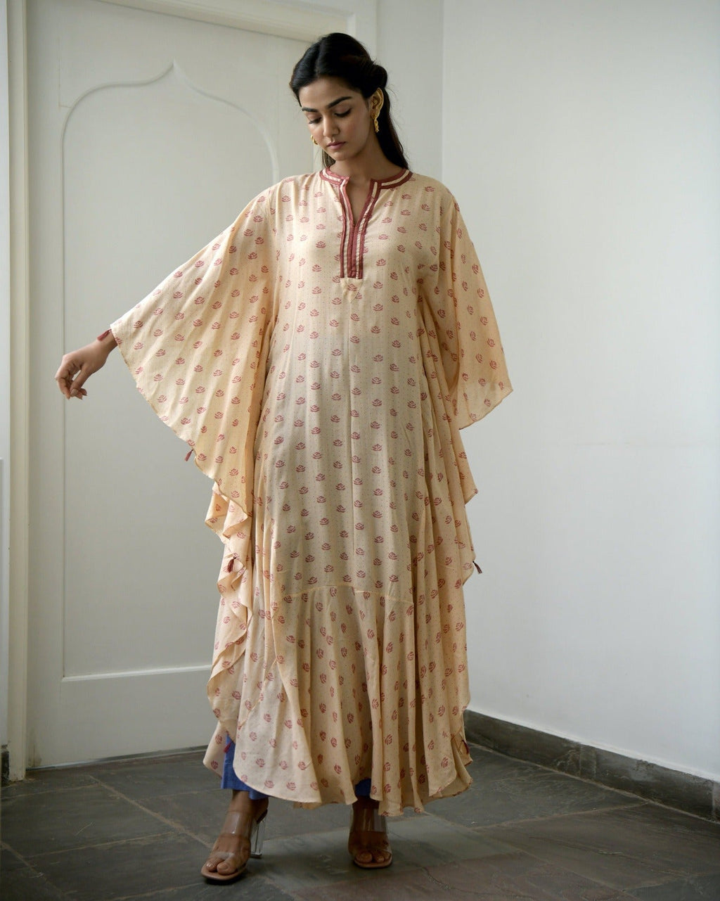 Brown Silk Printed Kaftan at Kamakhyaa by Taro. This item is Brown, Evening Wear, fall, Gulzar Taro, July Sale, July Sale 2023, Kaftans, Maxi Dresses, Modal SIlk, Natural, Prints, Regular Fit, Womenswear