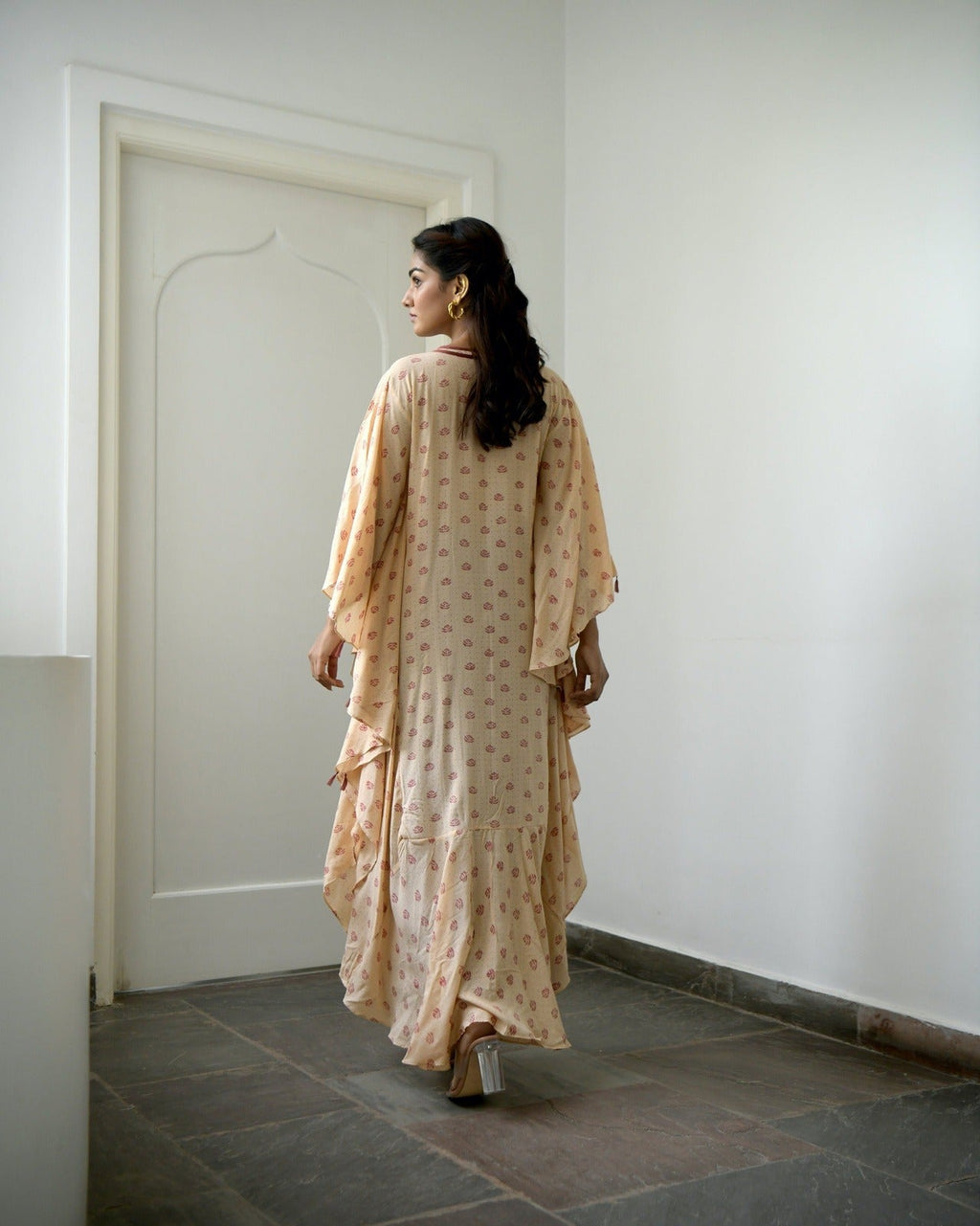 Brown Silk Printed Kaftan at Kamakhyaa by Taro. This item is Brown, Evening Wear, fall, Gulzar Taro, July Sale, July Sale 2023, Kaftans, Maxi Dresses, Modal SIlk, Natural, Prints, Regular Fit, Womenswear
