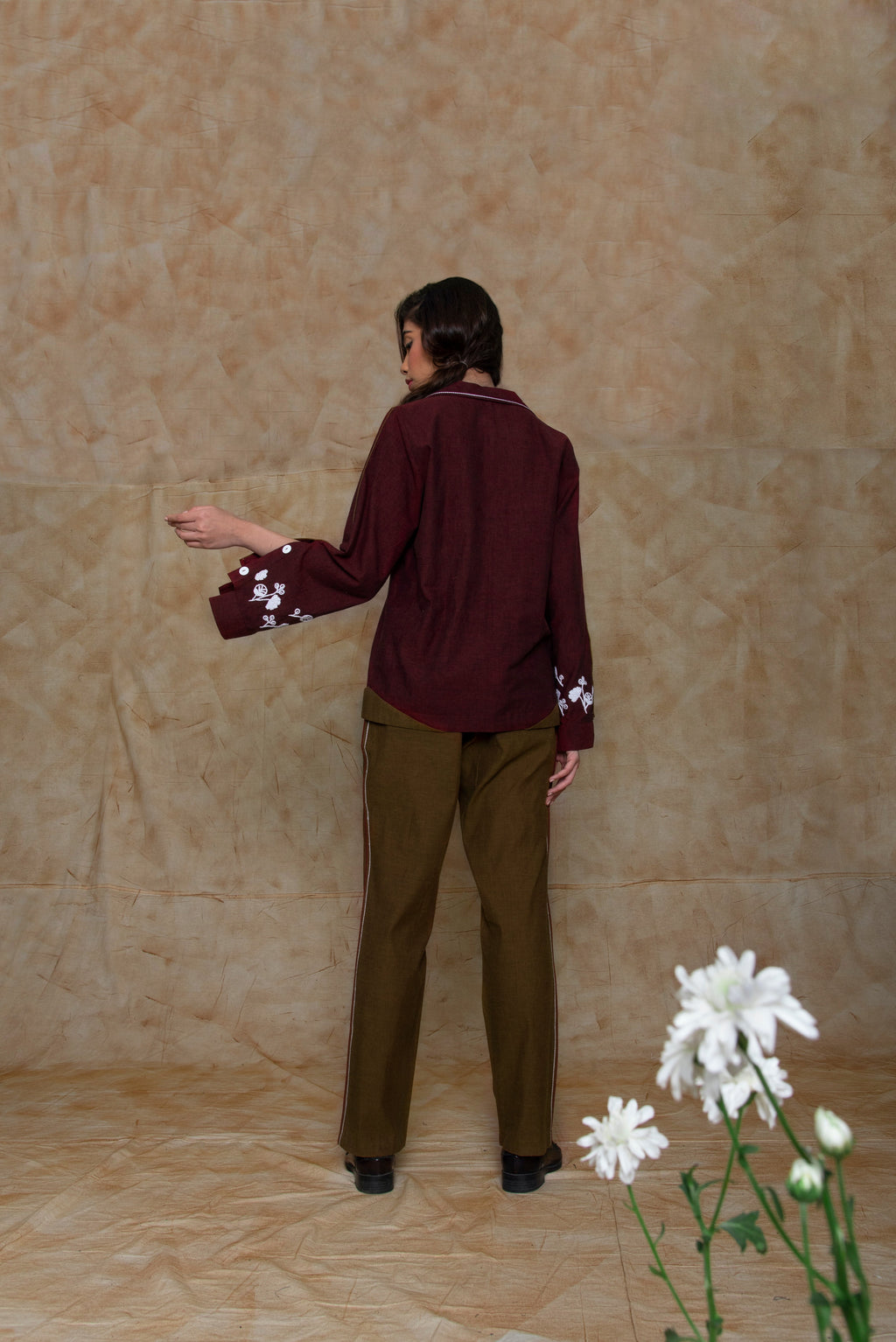 Brown Straight Leg Pants at Kamakhyaa by Anushé Pirani. This item is Brown, Embroidered, Handwoven Cotton, July Sale, July Sale 2023, Natural, Ocean of Stories, Office Wear, Pants, Regular Fit, sale anushe pirani, Womenswear