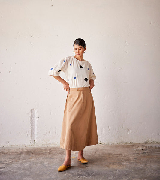 Brown Twill Midi Skirt at Kamakhyaa by Khara Kapas. This item is An Indian Summer, Casual Wear, Midi Skirt, Off White, Organic, Relaxed Fit, Solids, Twill, Womenswear