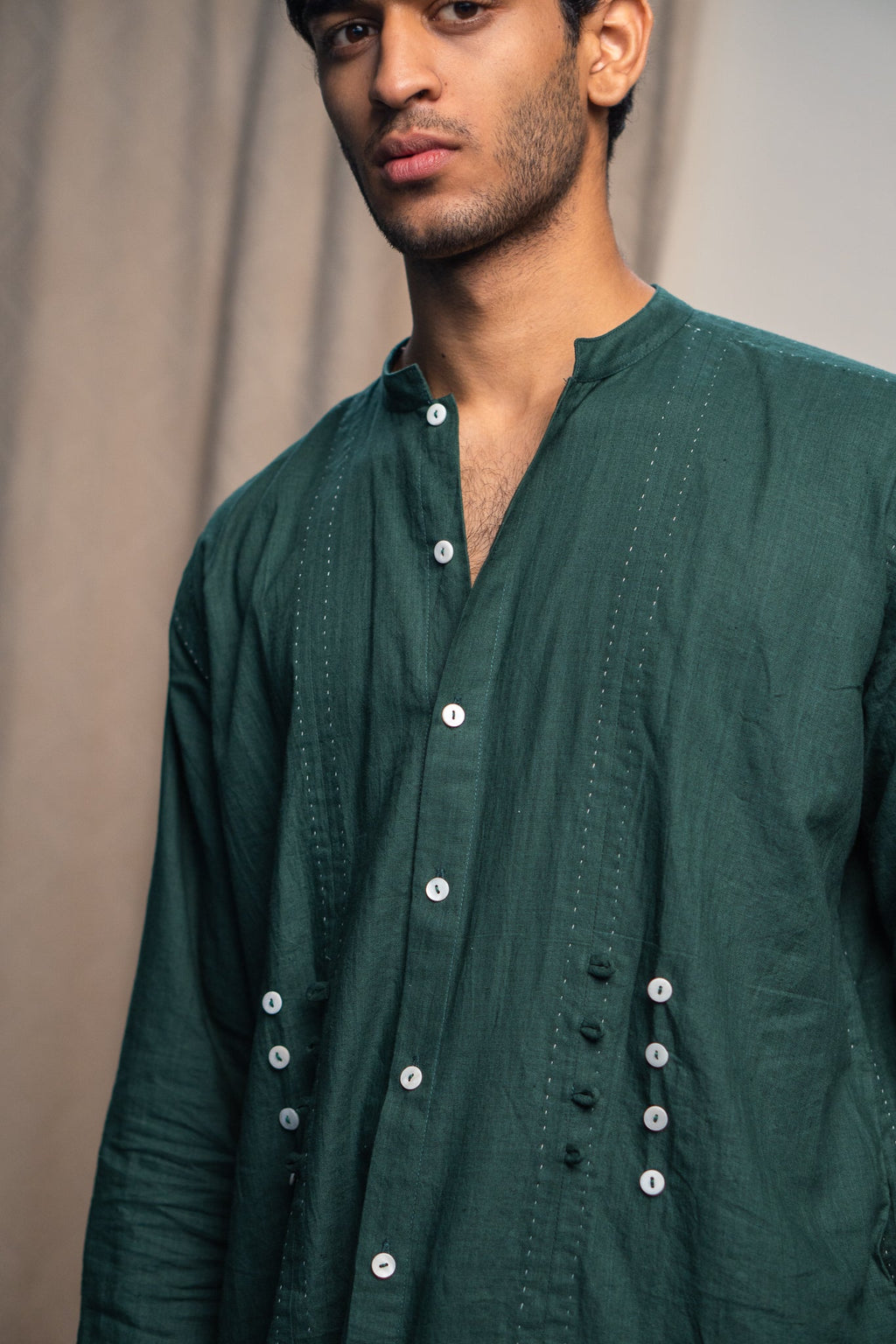 Button Detail Shirt at Kamakhyaa by Lafaani. This item is 100% pure cotton, Casual Wear, Green, Menswear, Natural with azo free dyes, Organic, Regular Fit, Rewind, Shirts, Solids