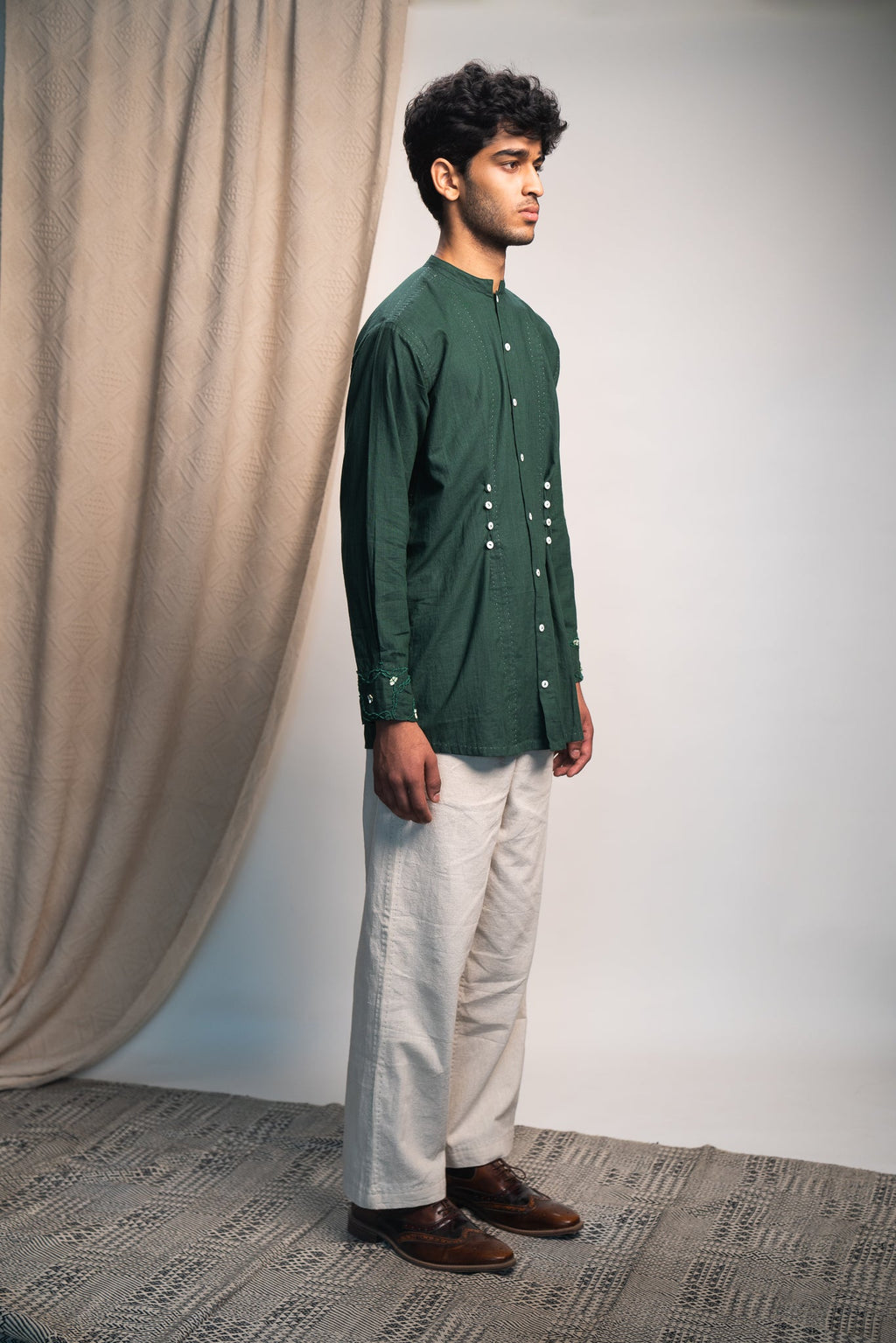 Button Detail Shirt & Pants Set at Kamakhyaa by Lafaani. This item is 100% pure cotton, Casual Wear, Co-ord Sets, Green, Kora, Menswear, Natural with azo free dyes, Organic, Regular Fit, Rewind, Solids