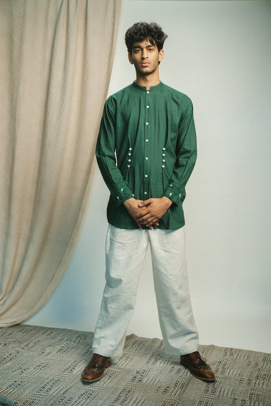 Button Detail Shirt & Pants Set at Kamakhyaa by Lafaani. This item is 100% pure cotton, Casual Wear, Co-ord Sets, Green, Kora, Menswear, Natural with azo free dyes, Organic, Regular Fit, Rewind, Solids