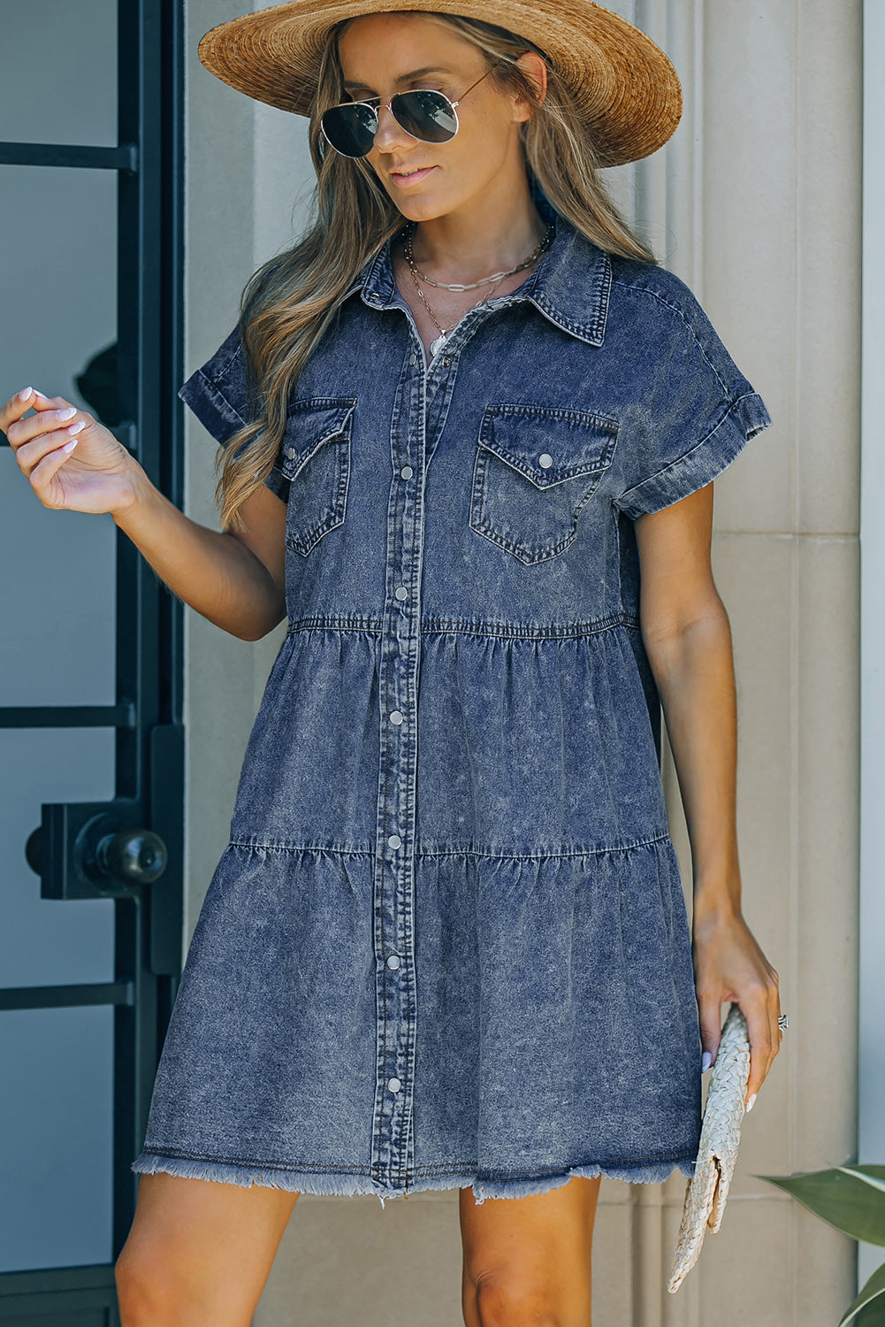 Button Front Raw Hem Denim Dress at Kamakhyaa by Trendsi. This item is 100% Cotton, Black, Blue, Casual Wear, Denim, Multicolor, Relaxed Fit, Shirt Dresses, Solids, Trendsi, Womenswear