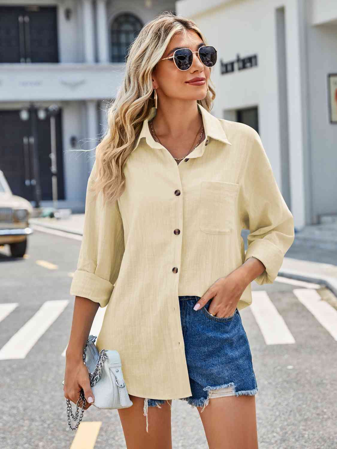 Button Up Collared Neck Long Sleeve Shirt at Kamakhyaa by Trendsi. This item is A@S@J@P, Ship From Overseas, Trendsi, Womenswear