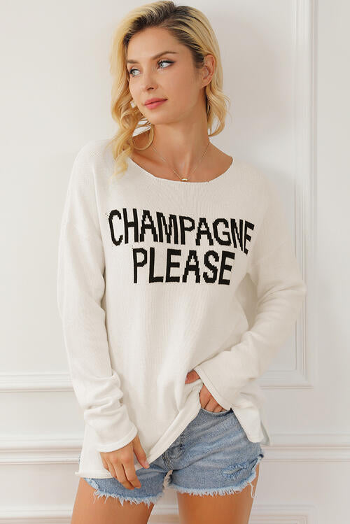 CHAMPAGNE PLEASE Long Sleeve Slit Sweater at Kamakhyaa by Trendsi. This item is Ship From Overseas, SYNZ, Trendsi, Womenswear