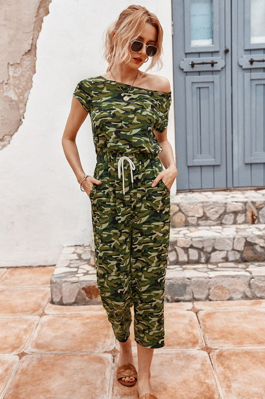 Camouflage Drawstring Crop Leg Jumpsuit at Kamakhyaa by Trendsi. This item is 100% cotton, Green, Jumpsuits, Natural, Prints, Regular Fit, Trendsi, Womenswear