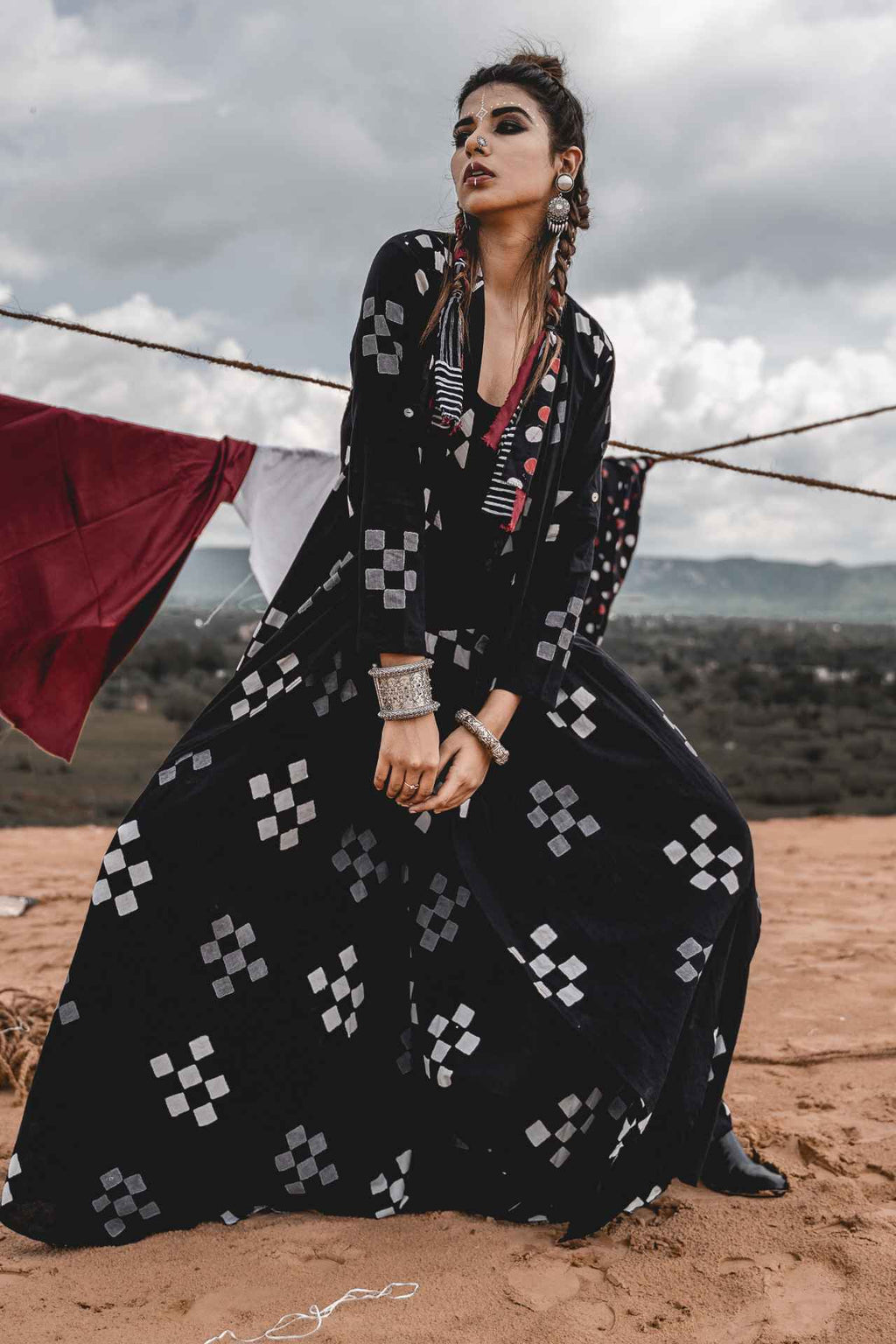 Cape With Elephant Pants - Set Of 2 at Kamakhyaa by Keva. This item is Black, Block Prints, Cape, Co-ord Sets, Cotton, Natural, Relaxed Fit, Resort Wear, Vacation, Vacation Co-ords, Wild Child, Womenswear