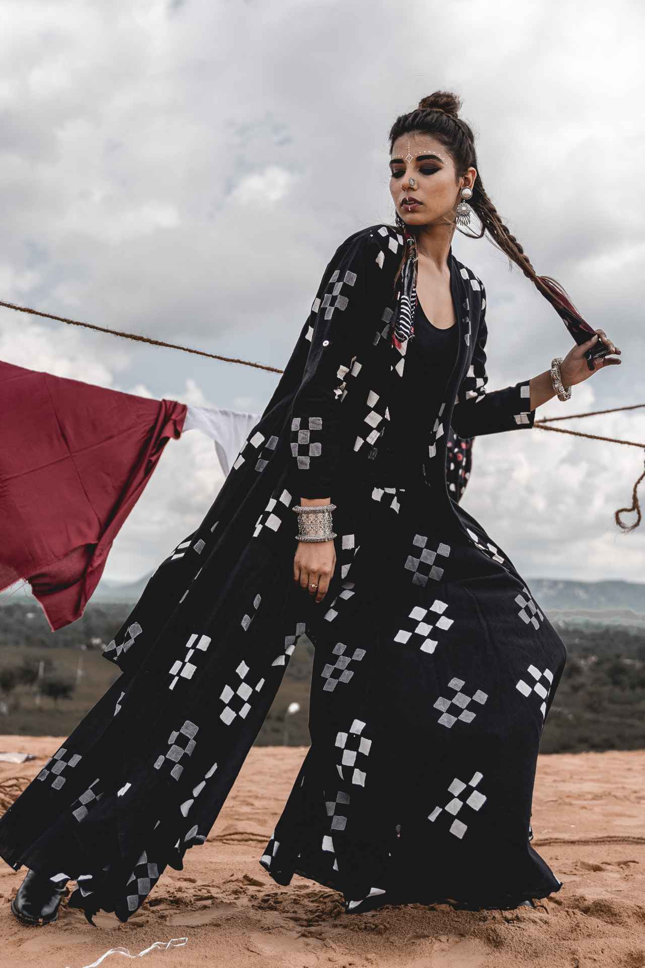 Cape With Elephant Pants - Set Of 2 at Kamakhyaa by Keva. This item is Black, Block Prints, Cape, Co-ord Sets, Cotton, Natural, Relaxed Fit, Resort Wear, Vacation, Vacation Co-ords, Wild Child, Womenswear