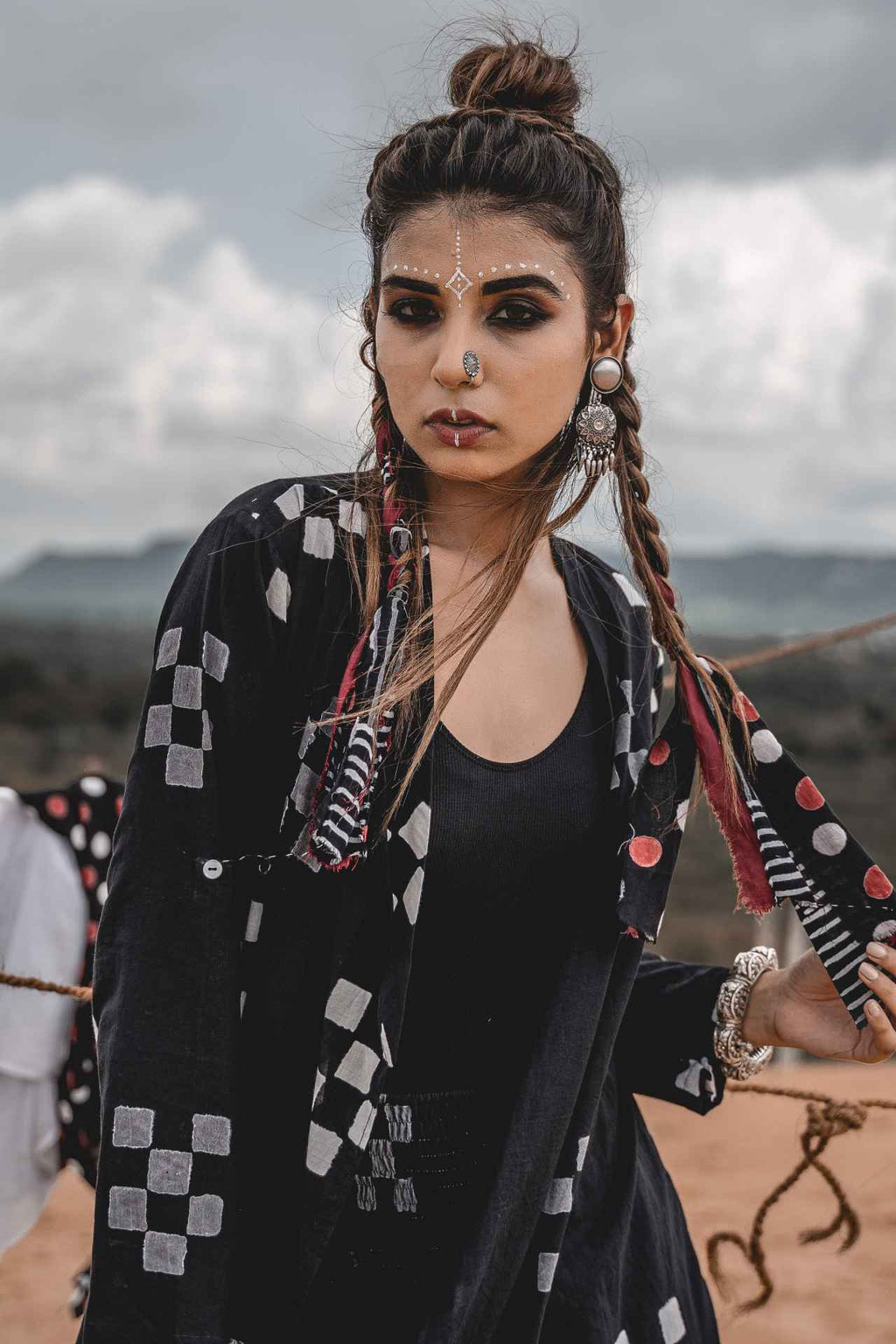 Cape With Elephant Pants - Set Of 2 at Kamakhyaa by Keva. This item is Black, Block Prints, Cape, Co-ord Sets, Cotton, Natural, Relaxed Fit, Resort Wear, Vacation, Vacation Co-ords, Wild Child, Womenswear