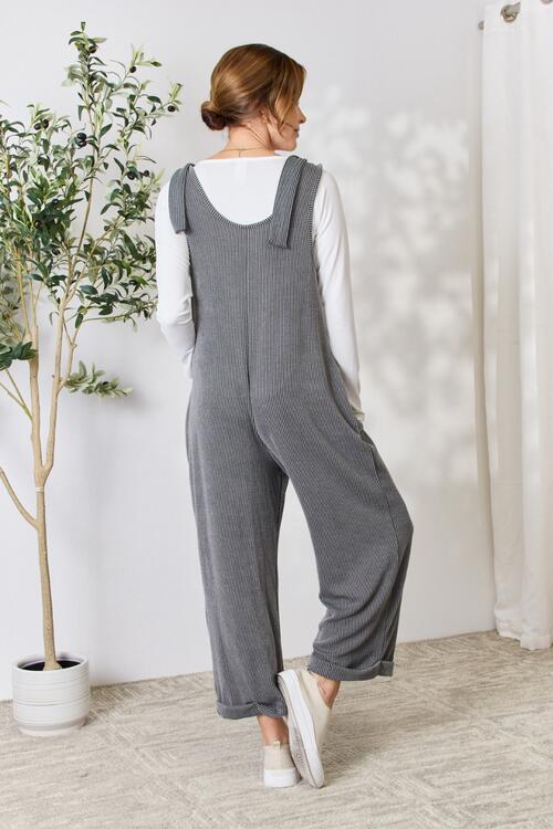 Celeste Full Size Ribbed Tie Shoulder Sleeveless Ankle Overalls at Kamakhyaa by Trendsi. This item is Celeste, Ship from USA, Trendsi, Womenswear