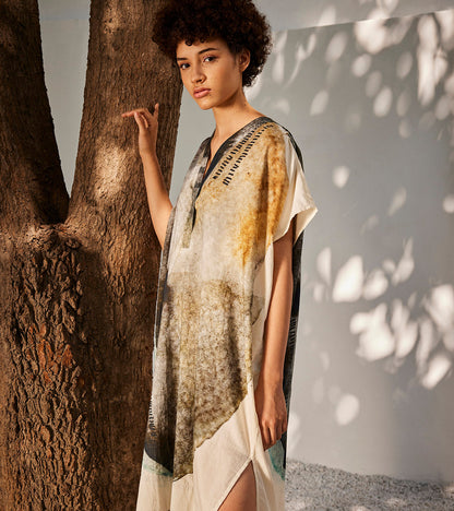 Celestial Tales Kaftan Dress at Kamakhyaa by Khara Kapas. This item is Best Selling, Casual Wear, Kaftan Dresses, Kaftans, Mini Dresses, Mul Cotton, Off-White, Oh! Sussana Spring 2023, Organic, Relaxed Fit, Solids, Womenswear