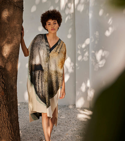 Celestial Tales Kaftan Dress at Kamakhyaa by Khara Kapas. This item is Best Selling, Casual Wear, Kaftan Dresses, Kaftans, Mini Dresses, Mul Cotton, Off-White, Oh! Sussana Spring 2023, Organic, Relaxed Fit, Solids, Womenswear