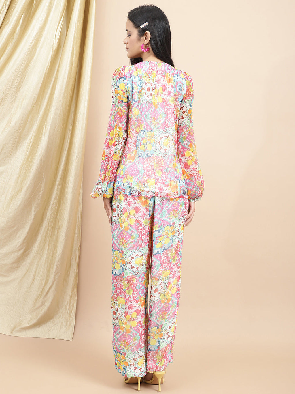 Certified Bemberg Chiffon Yellow Chiffon Coord Set at Kamakhyaa by Ewoke. This item is Bemberg, Chiffon, Co-ord Sets, Festive 23, Natural with azo free dyes, Prints, Relaxed Fit, Resort Wear, White, Womenswear