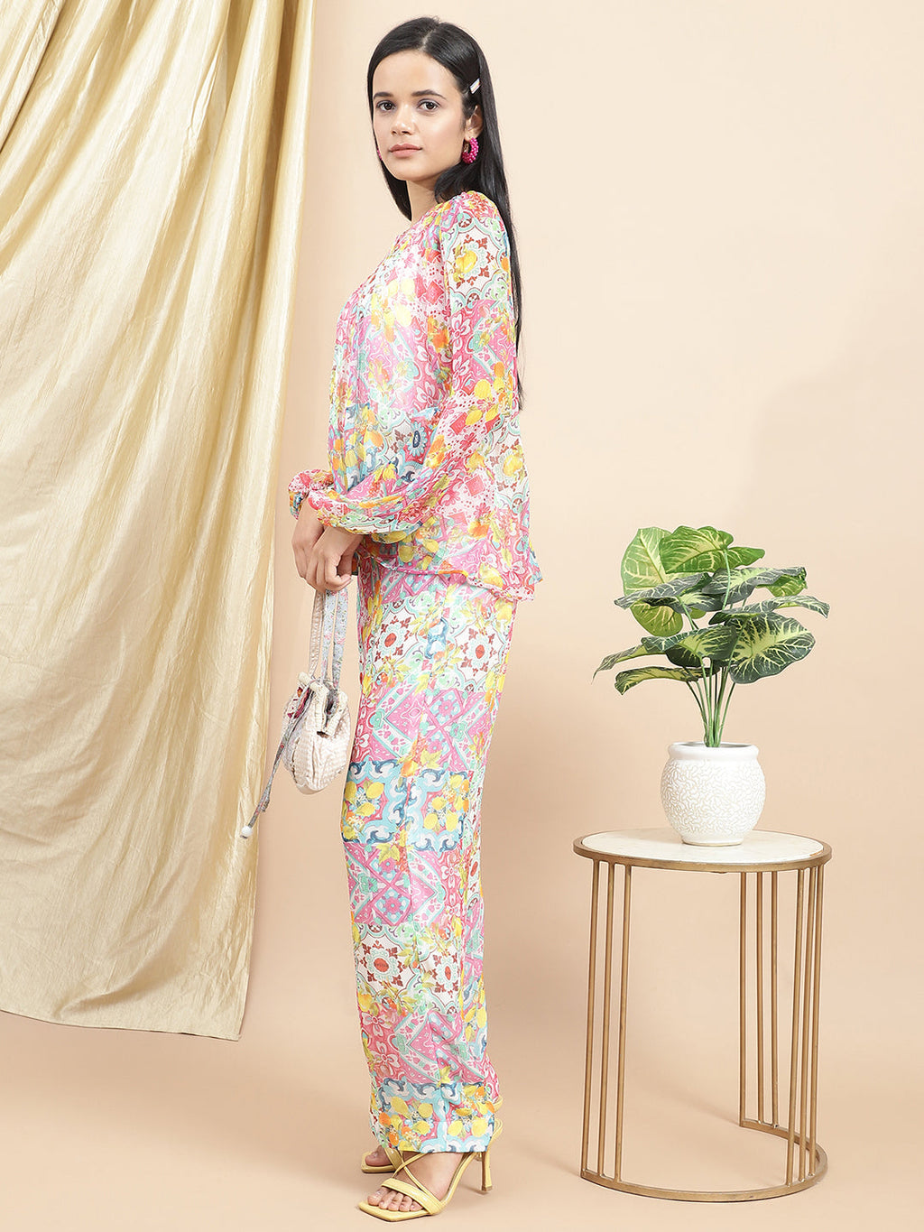 Certified Bemberg Chiffon Yellow Chiffon Coord Set at Kamakhyaa by Ewoke. This item is Bemberg, Chiffon, Co-ord Sets, Festive 23, Natural with azo free dyes, Prints, Relaxed Fit, Resort Wear, White, Womenswear