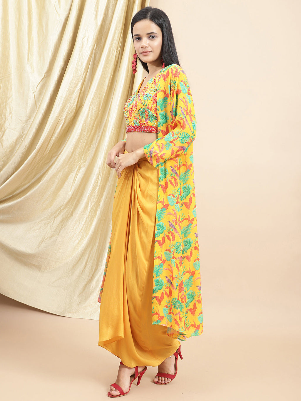 Certified Bemberg Crepe Yellow Drape Skirt at Kamakhyaa by Ewoke. This item is Bemberg, Crepe, Festive 23, Festive Wear, Natural with azo free dyes, Prints, Skirts, Slim Fit, Womenswear, Yellow