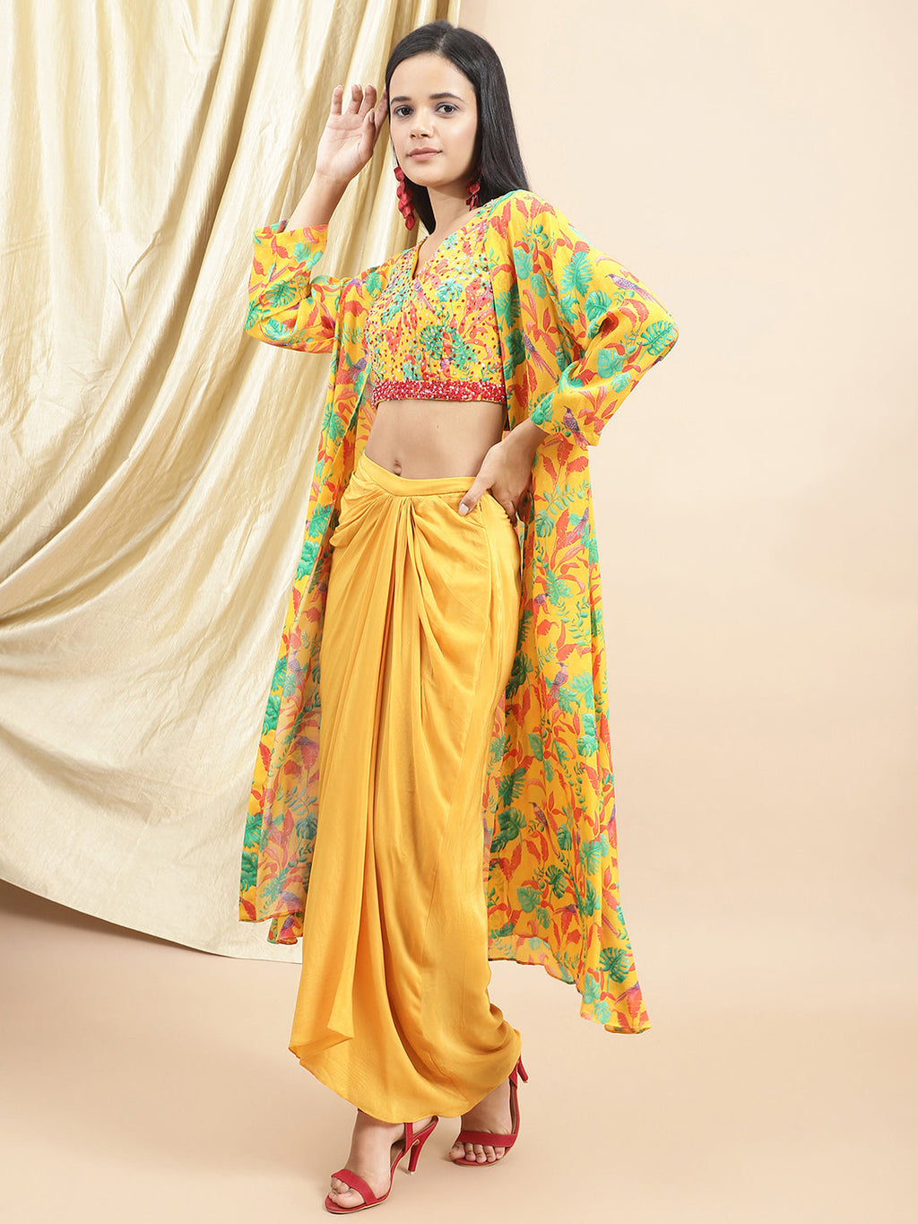 Certified Bemberg Crepe Yellow Drape Skirt at Kamakhyaa by Ewoke. This item is Bemberg, Crepe, Festive 23, Festive Wear, Natural with azo free dyes, Prints, Skirts, Slim Fit, Womenswear, Yellow