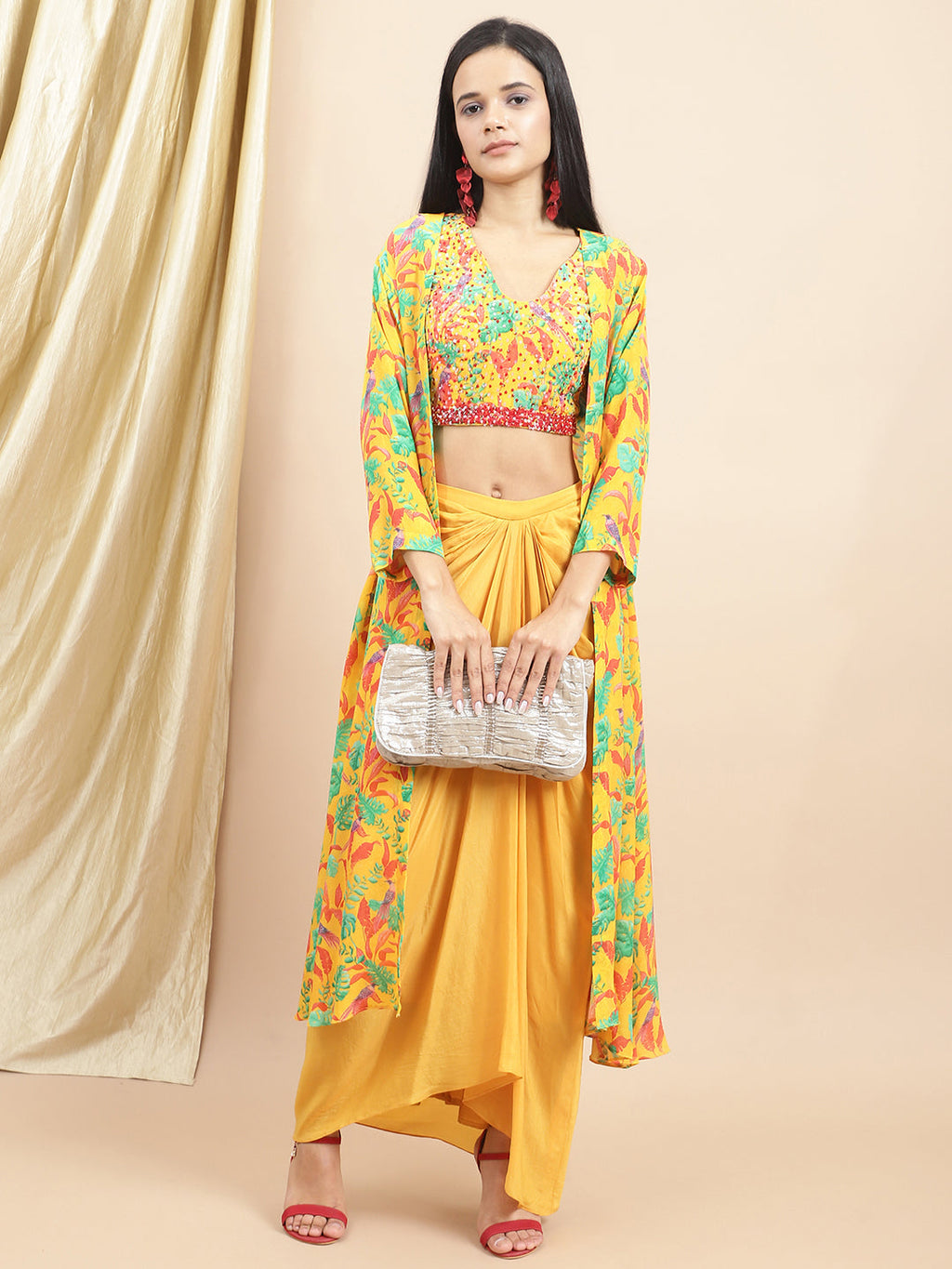 Certified Bemberg Crepe Yellow Drape Skirt at Kamakhyaa by Ewoke. This item is Bemberg, Crepe, Festive 23, Festive Wear, Natural with azo free dyes, Prints, Skirts, Slim Fit, Womenswear, Yellow