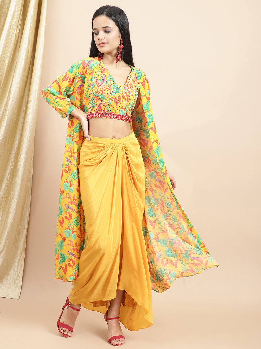 Certified Bemberg Crepe Yellow Drape Skirt at Kamakhyaa by Ewoke. This item is Bemberg, Crepe, Festive 23, Festive Wear, Natural with azo free dyes, Prints, Skirts, Slim Fit, Womenswear, Yellow