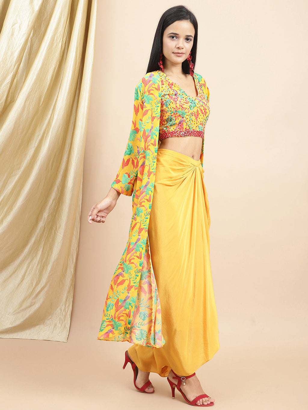 Certified Bemberg Crepe Yellow Drape Skirt at Kamakhyaa by Ewoke. This item is Bemberg, Crepe, Festive 23, Festive Wear, Natural with azo free dyes, Prints, Skirts, Slim Fit, Womenswear, Yellow