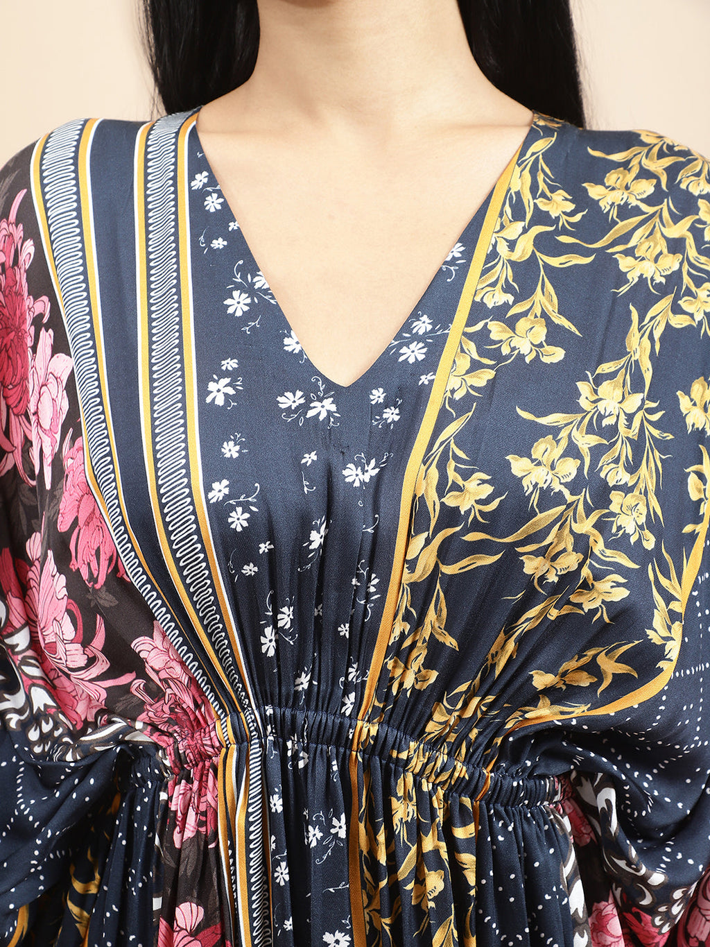 Certified Bemberg Satin Blue Kaftan Dress at Kamakhyaa by Ewoke. This item is Bemberg, Blue, Festive 23, Kaftans, Mini Dresses, Natural with azo free dyes, Prints, Relaxed Fit, Resort Wear, Satin, Womenswear