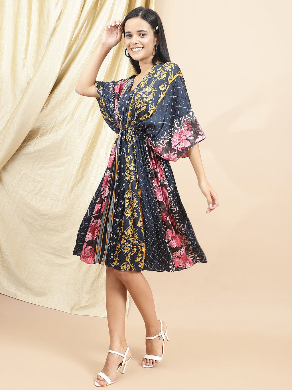 Certified Bemberg Satin Blue Kaftan Dress at Kamakhyaa by Ewoke. This item is Bemberg, Blue, Festive 23, Kaftans, Mini Dresses, Natural with azo free dyes, Prints, Relaxed Fit, Resort Wear, Satin, Womenswear