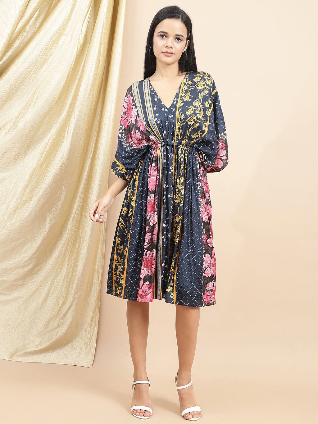 Certified Bemberg Satin Blue Kaftan Dress at Kamakhyaa by Ewoke. This item is Bemberg, Blue, Festive 23, Kaftans, Mini Dresses, Natural with azo free dyes, Prints, Relaxed Fit, Resort Wear, Satin, Womenswear