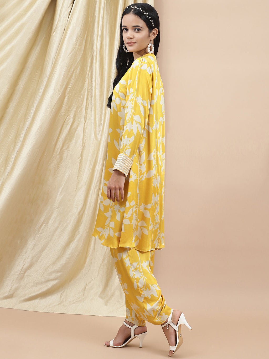 Certified Bemberg Satin Yellow Printed Coord Set at Kamakhyaa by Ewoke. This item is Bemberg, Best Selling, Co-ord Sets, Festive 23, Natural with azo free dyes, Office Wear, Office Wear Co-ords, Prints, Relaxed Fit, Satin, Womenswear, Yellow