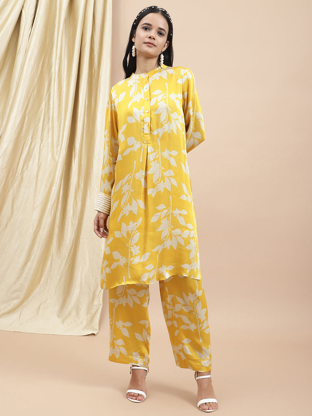 Certified Bemberg Satin Yellow Printed Coord Set at Kamakhyaa by Ewoke. This item is Bemberg, Best Selling, Co-ord Sets, Festive 23, Natural with azo free dyes, Office Wear, Office Wear Co-ords, Prints, Relaxed Fit, Satin, Womenswear, Yellow