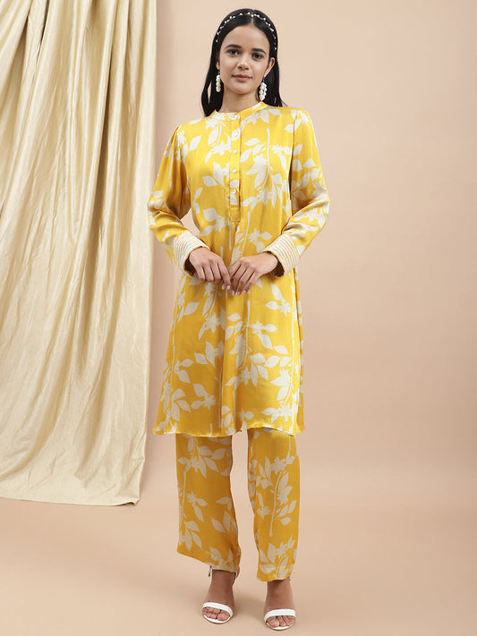Certified Bemberg Satin Yellow Printed Coord Set at Kamakhyaa by Ewoke. This item is Bemberg, Best Selling, Co-ord Sets, Festive 23, Natural with azo free dyes, Office Wear, Office Wear Co-ords, Prints, Relaxed Fit, Satin, Womenswear, Yellow