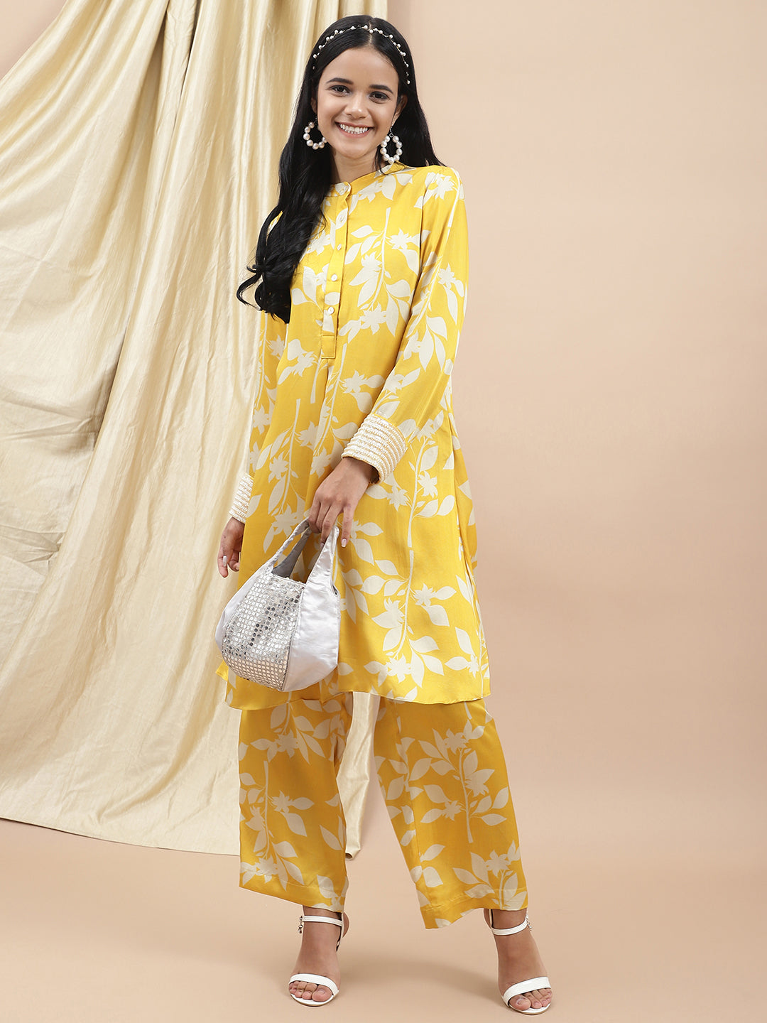 Certified Bemberg Satin Yellow Printed Coord Set at Kamakhyaa by Ewoke. This item is Bemberg, Best Selling, Co-ord Sets, Festive 23, Natural with azo free dyes, Office Wear, Office Wear Co-ords, Prints, Relaxed Fit, Satin, Womenswear, Yellow