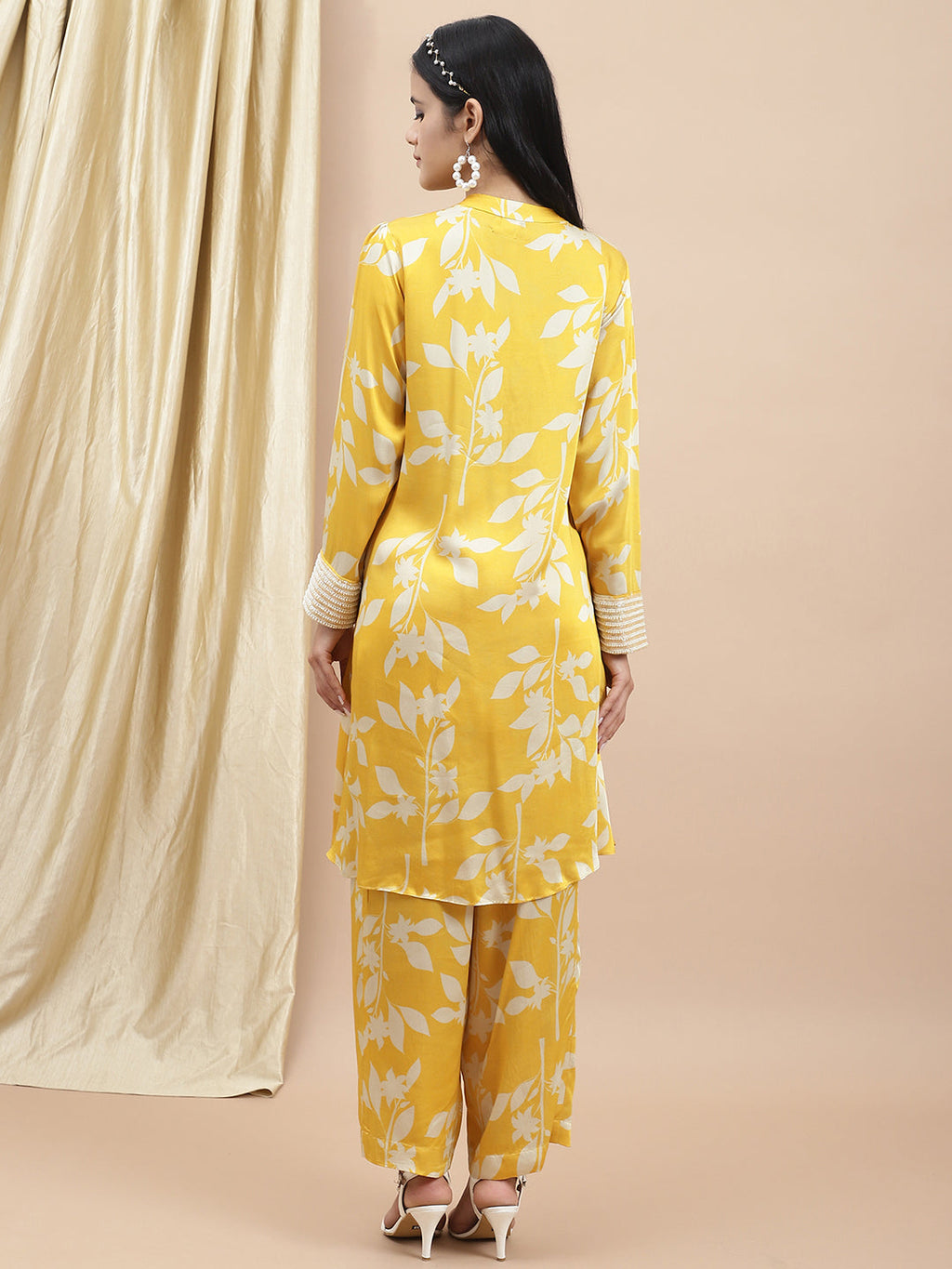 Certified Bemberg Satin Yellow Printed Coord Set at Kamakhyaa by Ewoke. This item is Bemberg, Best Selling, Co-ord Sets, Festive 23, Natural with azo free dyes, Office Wear, Office Wear Co-ords, Prints, Relaxed Fit, Satin, Womenswear, Yellow