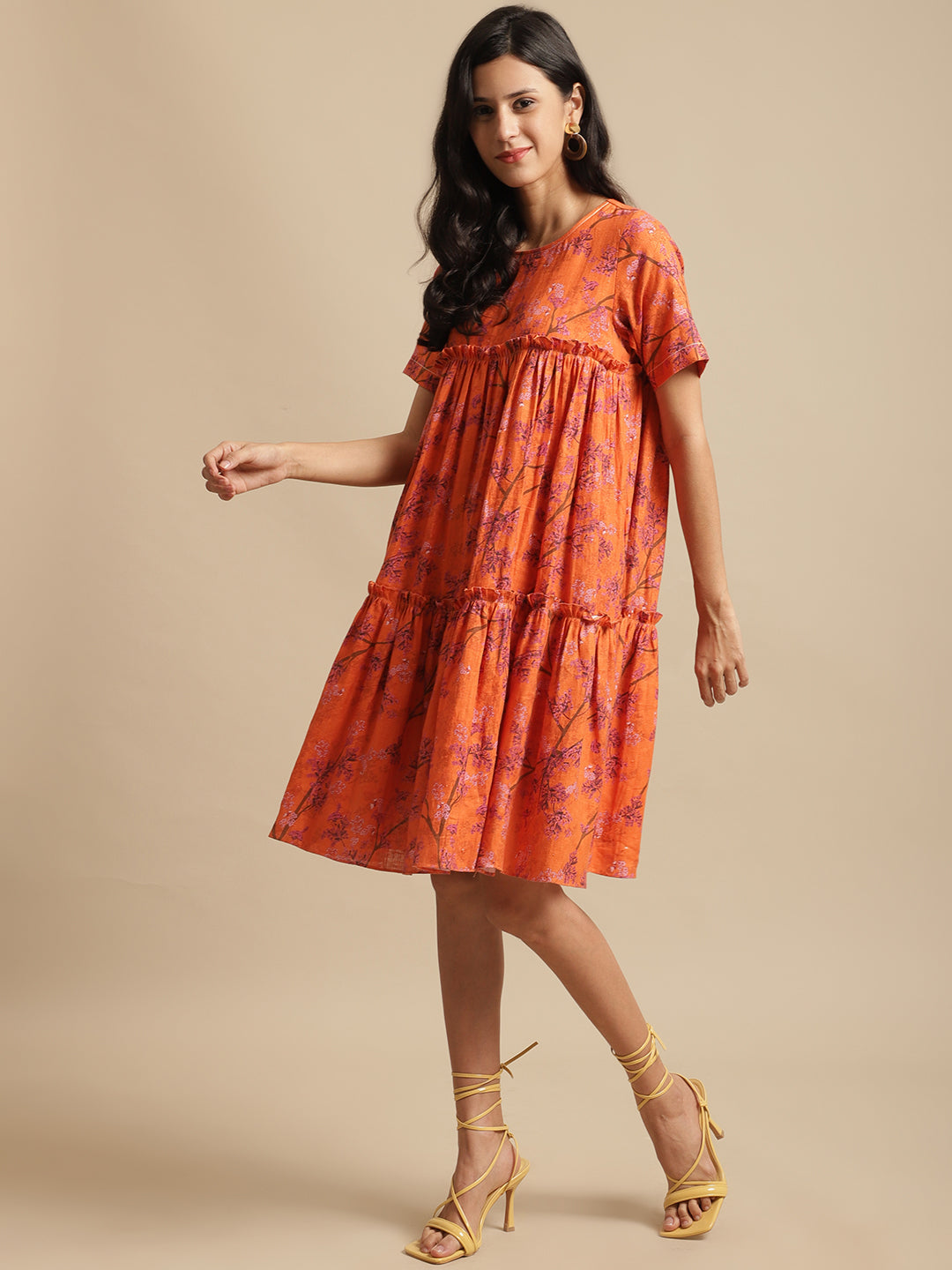 Certified Hemp Orange A Line Dress at Kamakhyaa by Ewoke. This item is Casual Wear, Festive 23, For Her, Hemp, Mini Dresses, Natural with azo free dyes, Orange, Prints, Relaxed Fit, Tiered Dresses, Womenswear