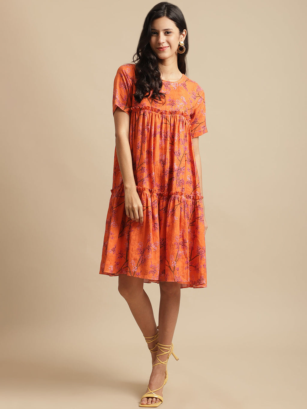Certified Hemp Orange A Line Dress at Kamakhyaa by Ewoke. This item is Casual Wear, Festive 23, For Her, Hemp, Mini Dresses, Natural with azo free dyes, Orange, Prints, Relaxed Fit, Tiered Dresses, Womenswear