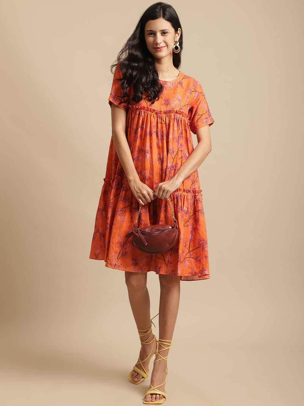 Certified Hemp Orange A Line Dress at Kamakhyaa by Ewoke. This item is Casual Wear, Festive 23, For Her, Hemp, Mini Dresses, Natural with azo free dyes, Orange, Prints, Relaxed Fit, Tiered Dresses, Womenswear