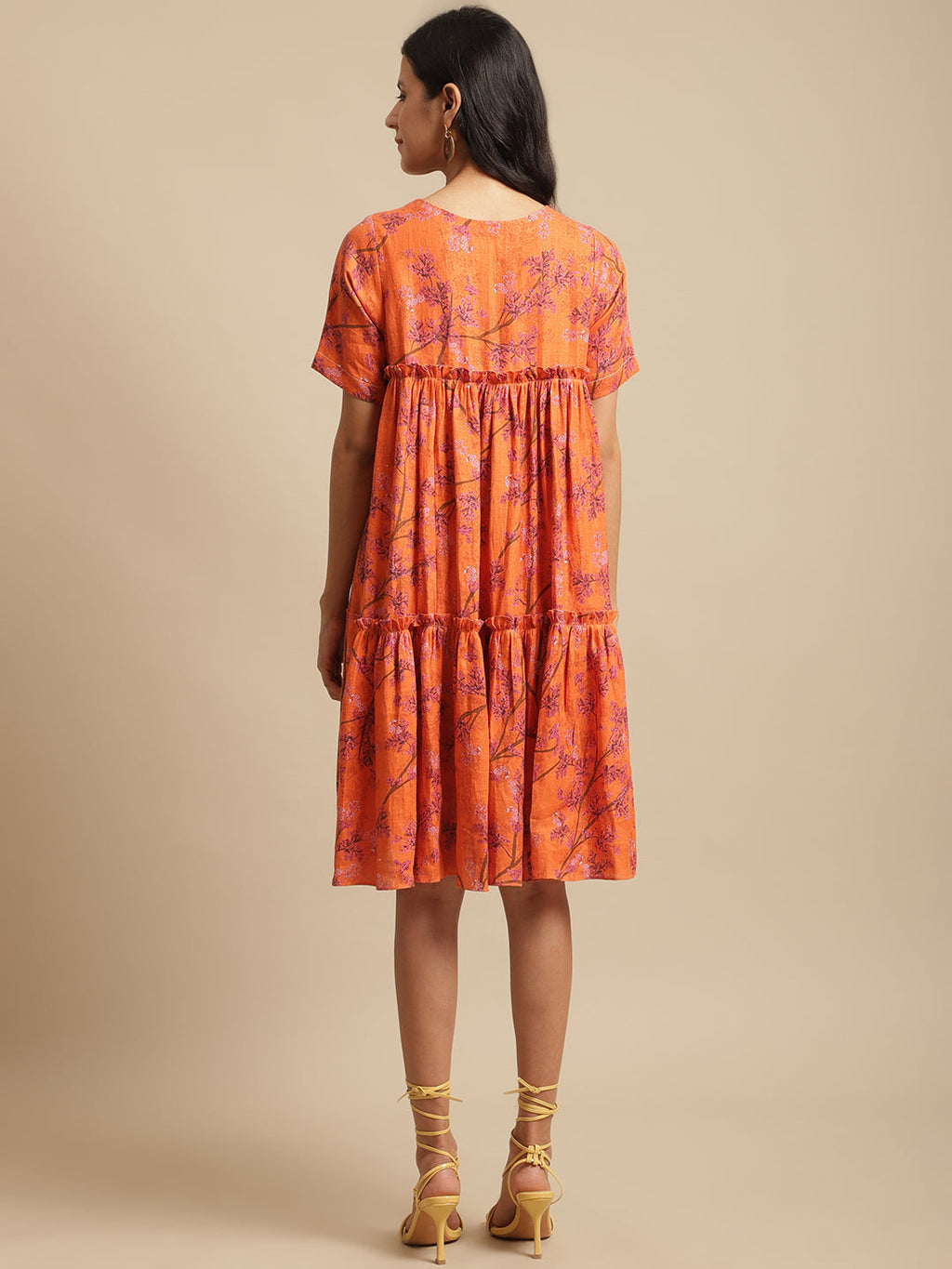 Certified Hemp Orange A Line Dress at Kamakhyaa by Ewoke. This item is Casual Wear, Festive 23, For Her, Hemp, Mini Dresses, Natural with azo free dyes, Orange, Prints, Relaxed Fit, Tiered Dresses, Womenswear
