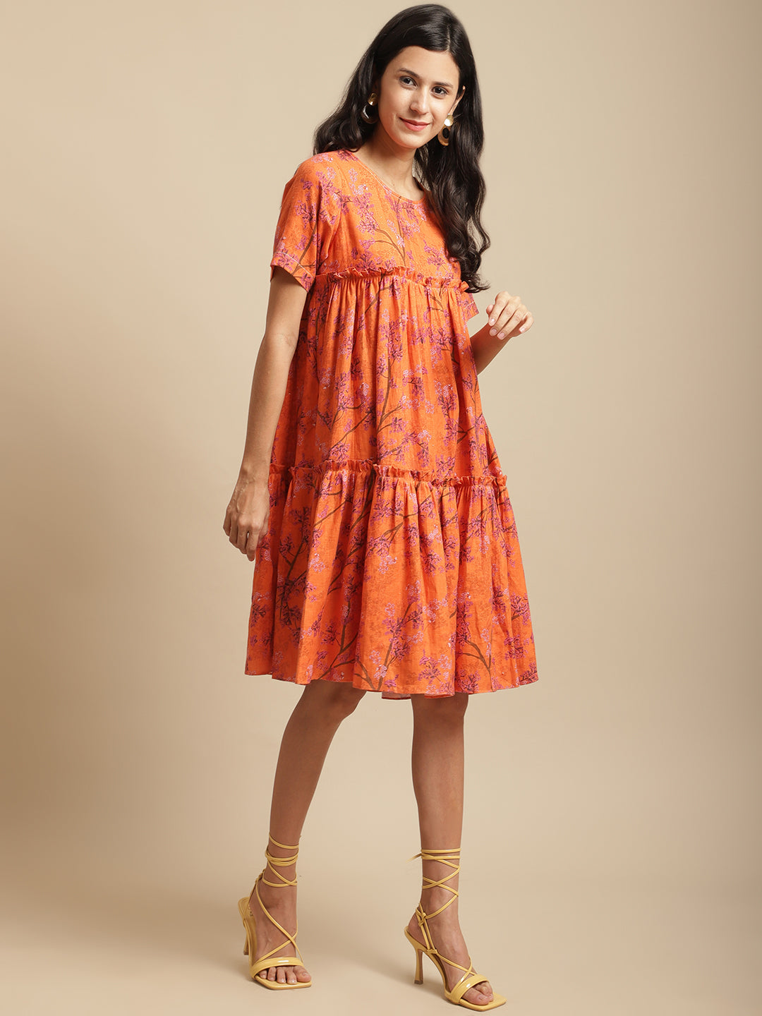 Certified Hemp Orange A Line Dress at Kamakhyaa by Ewoke. This item is Casual Wear, Festive 23, For Her, Hemp, Mini Dresses, Natural with azo free dyes, Orange, Prints, Relaxed Fit, Tiered Dresses, Womenswear