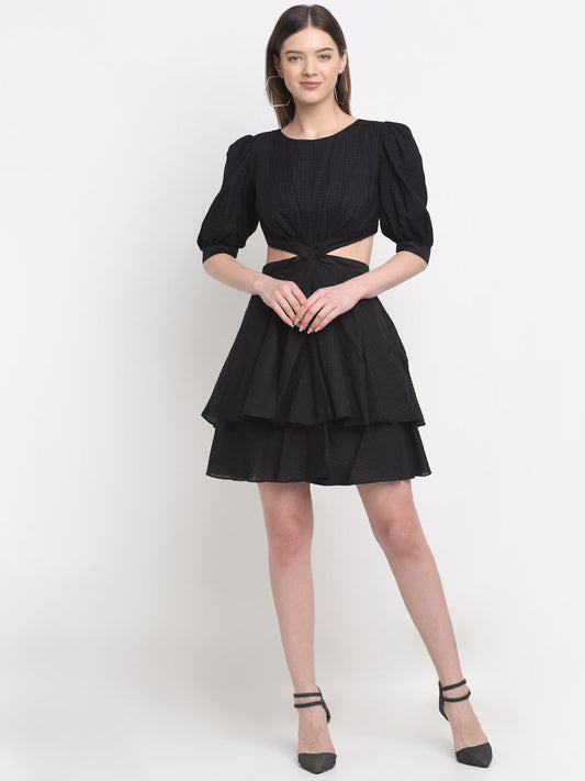 Certified Tencel Black Mini Dress at Kamakhyaa by Ewoke. This item is Black, Festive 23, Mini Dresses, Natural with azo free dyes, Party Wear, Prints, Slim Fit, Tencel, Textured, Womenswear