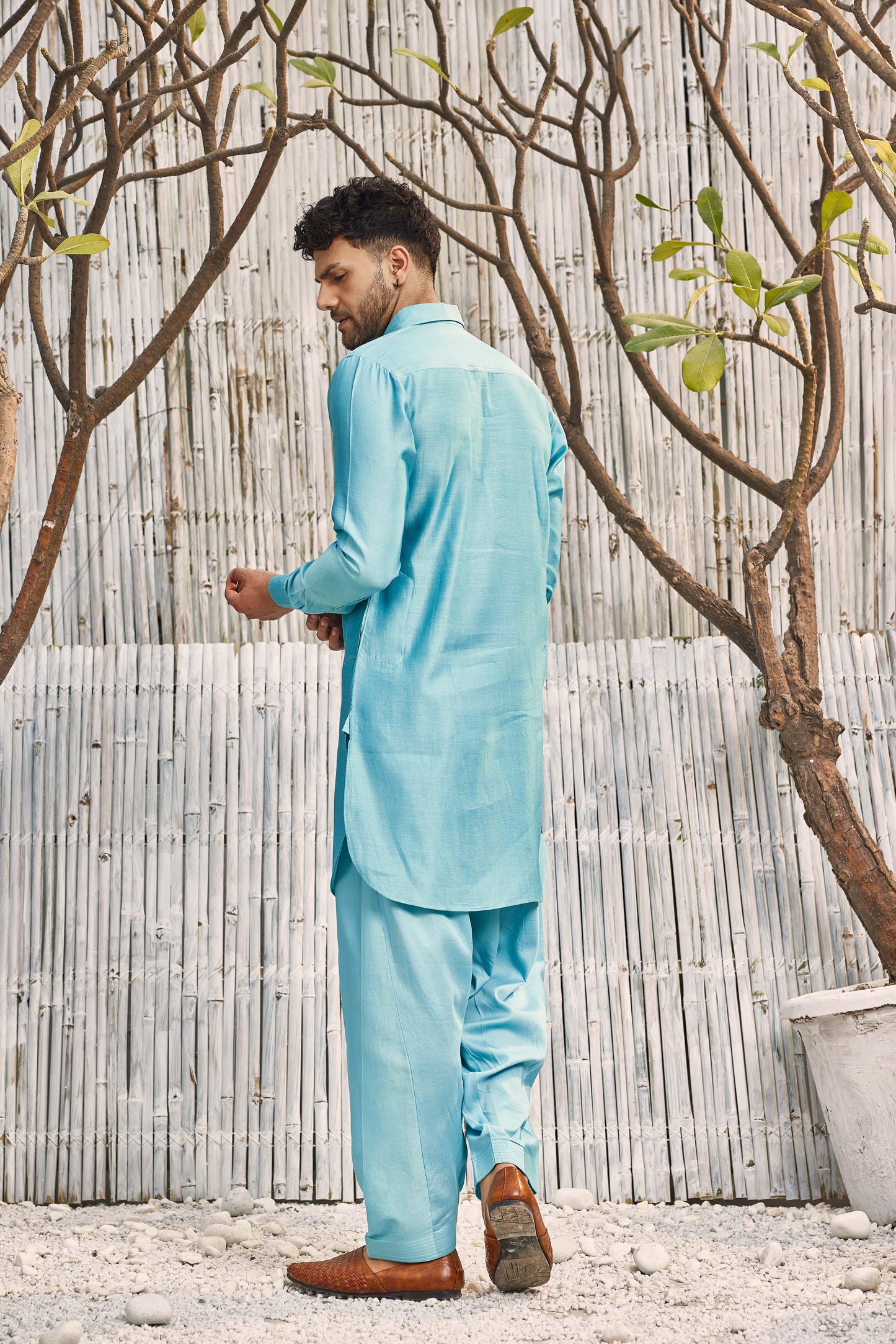 Chanderi Bundi Jacket - Blue at Kamakhyaa by Charkhee. This item is Blue, Cotton, Festive Wear, Indian Wear, Indianwear Jackets, Jackets, Mens Overlay, Menswear, Natural, Regular Fit, Schiffli, Shores 23, Textured