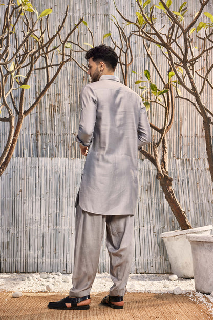 Chanderi Bundi Jacket - Grey at Kamakhyaa by Charkhee. This item is Cotton, Festive Wear, Grey, Indian Wear, Indianwear Jackets, Jackets, Mens Overlay, Menswear, Natural, Regular Fit, Schiffli, Shores 23, Solids