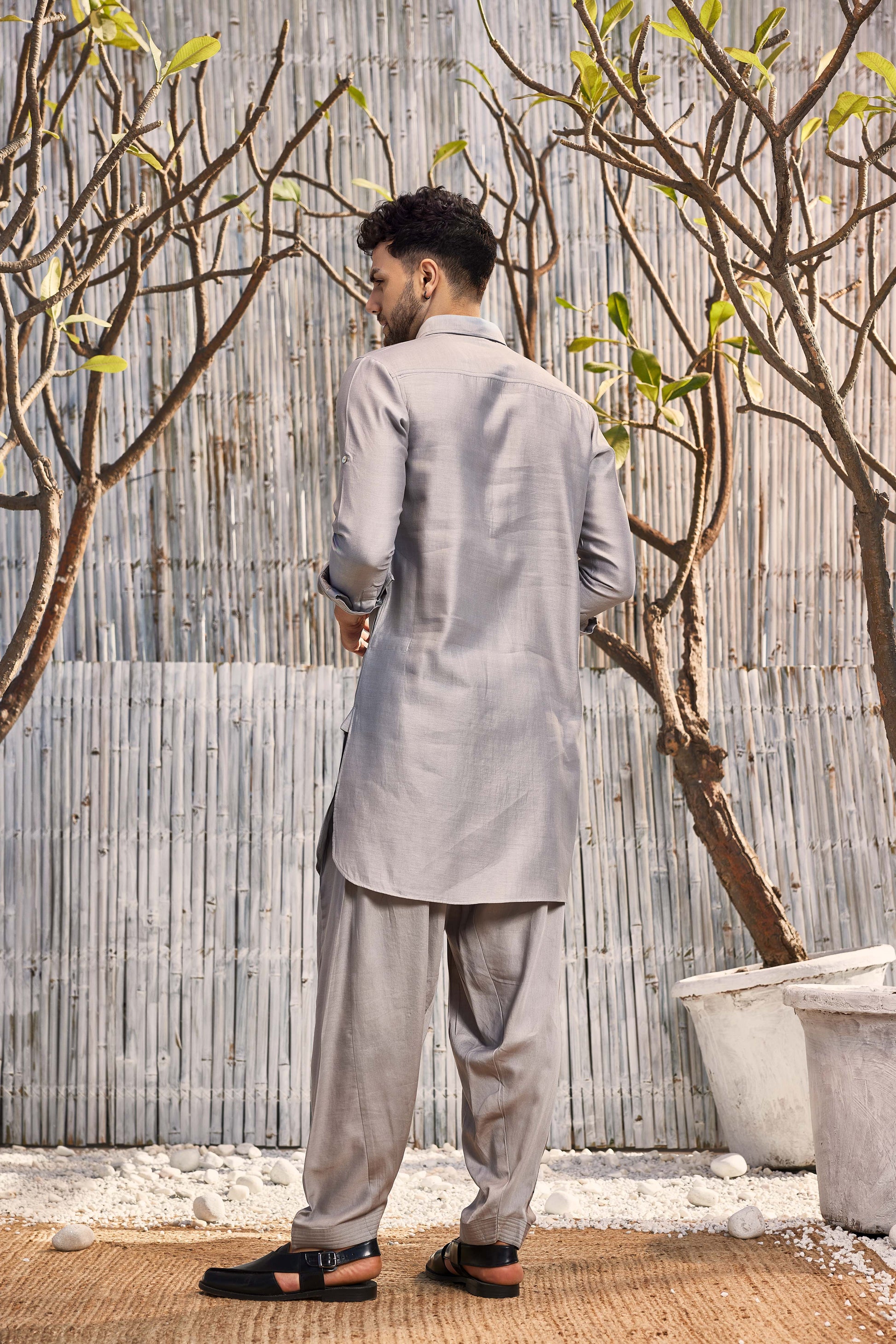Chanderi Bundi Jacket - Grey at Kamakhyaa by Charkhee. This item is Cotton, Festive Wear, Grey, Indian Wear, Indianwear Jackets, Jackets, Mens Overlay, Menswear, Natural, Regular Fit, Schiffli, Shores 23, Textured