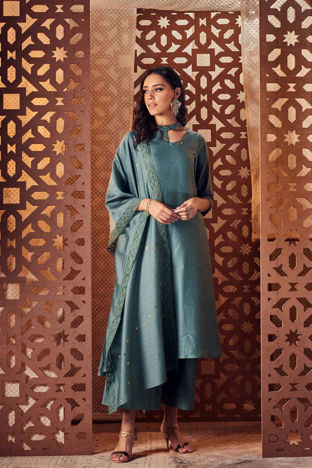 Chanderi Cutout Kurta - Set of 3 at Kamakhyaa by Charkhee. This item is Chanderi, Cotton, Embroidered, Ethnic Wear, Green, Indian Wear, Kurta Palazzo Sets, Naayaab, Natural, Nayaab, Relaxed Fit, Womenswear