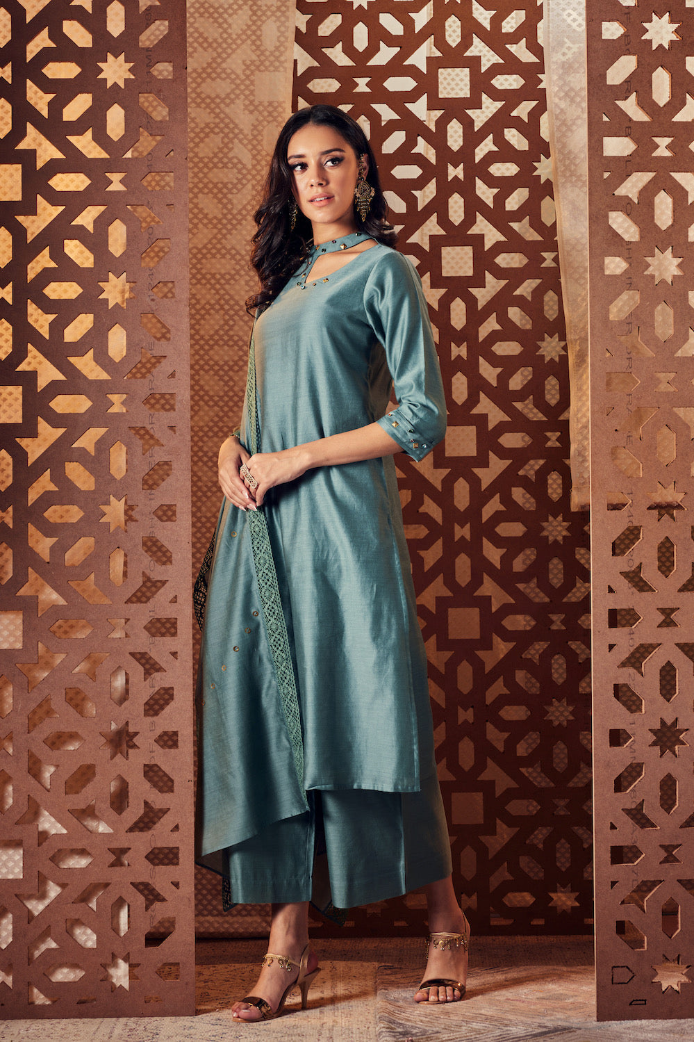 Chanderi Cutout Kurta - Set of 3 at Kamakhyaa by Charkhee. This item is Chanderi, Cotton, Embroidered, Ethnic Wear, Green, Indian Wear, Kurta Palazzo Sets, Naayaab, Natural, Nayaab, Relaxed Fit, Womenswear