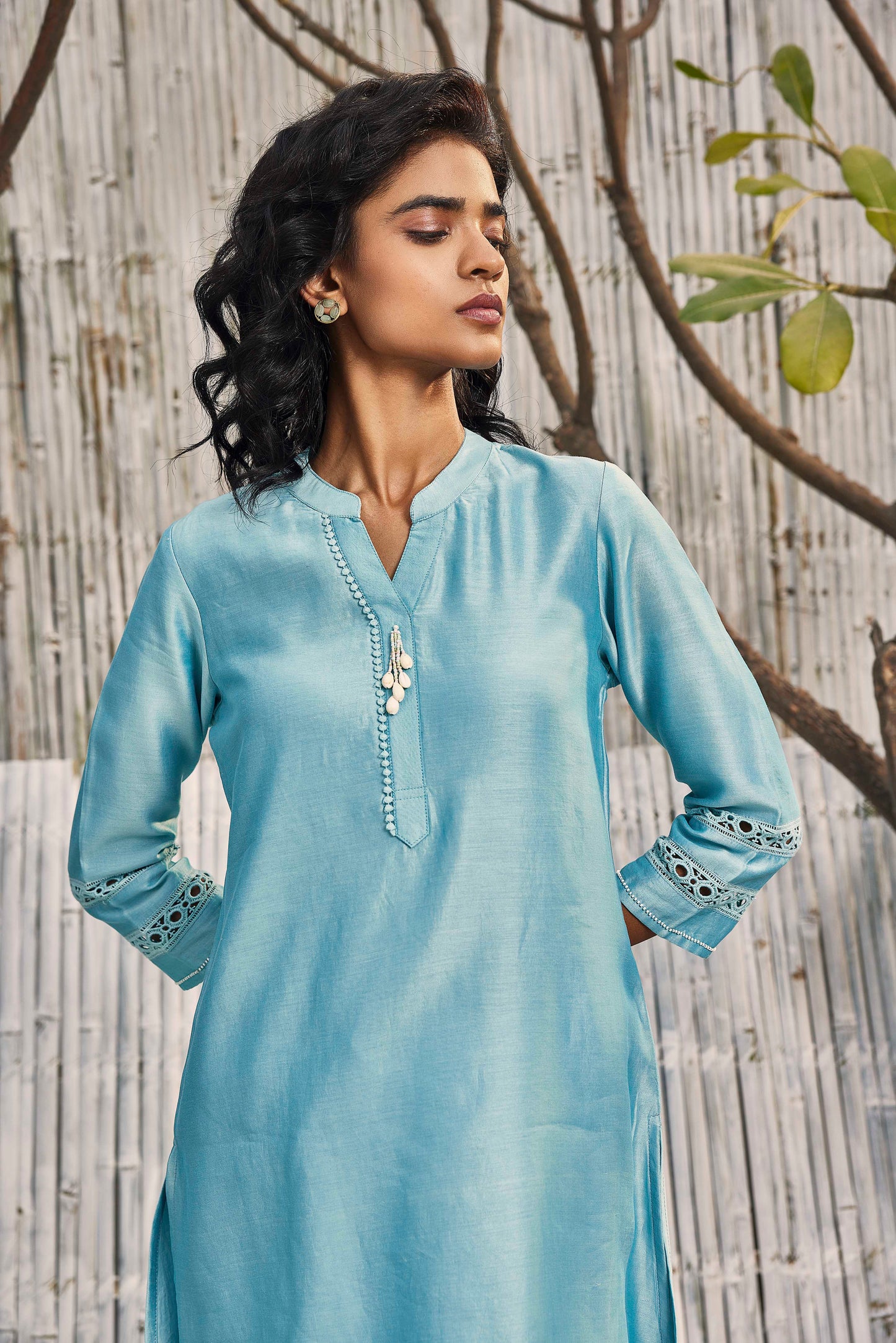 Chanderi Kurta Co-ord Set - Set of 2 - Blue at Kamakhyaa by Charkhee. This item is Blue, Chanderi, Co-ord Sets, Cotton, Cotton Satin, Festive Wear, Natural, party, Party Wear Co-ords, Regular Fit, Shores 23, Solids, Womenswear