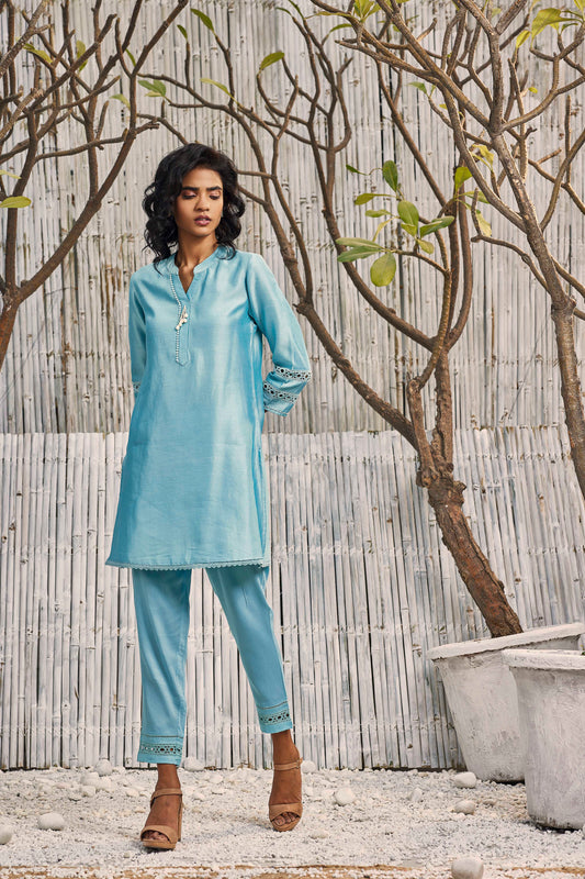 Chanderi Kurta Co-ord Set - Set of 2 - Blue at Kamakhyaa by Charkhee. This item is Blue, Chanderi, Co-ord Sets, Cotton, Cotton Satin, Festive Wear, Natural, party, Party Wear Co-ords, Regular Fit, Shores 23, Solids, Womenswear